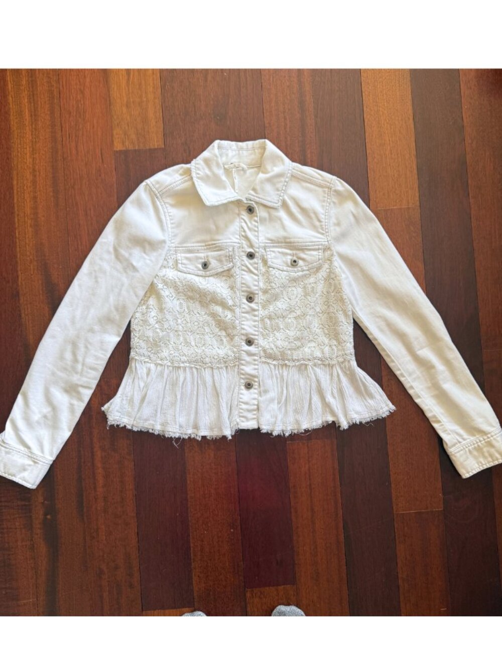 Free People Cream Denim Lace Peplum Jacket Ruffle Raw Hem Size 4 Boho Like New